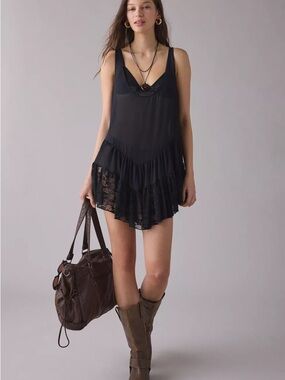 Out From Under River Ruffle Lace Trim Slip Dress Urban Black Festival